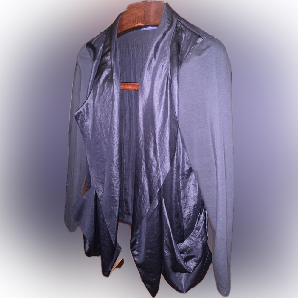 Vivienne Tam Navy Blue Shiny Two-Tone Draped Waterfall Blazer Jacket Cardigan L - Picture 4 of 10